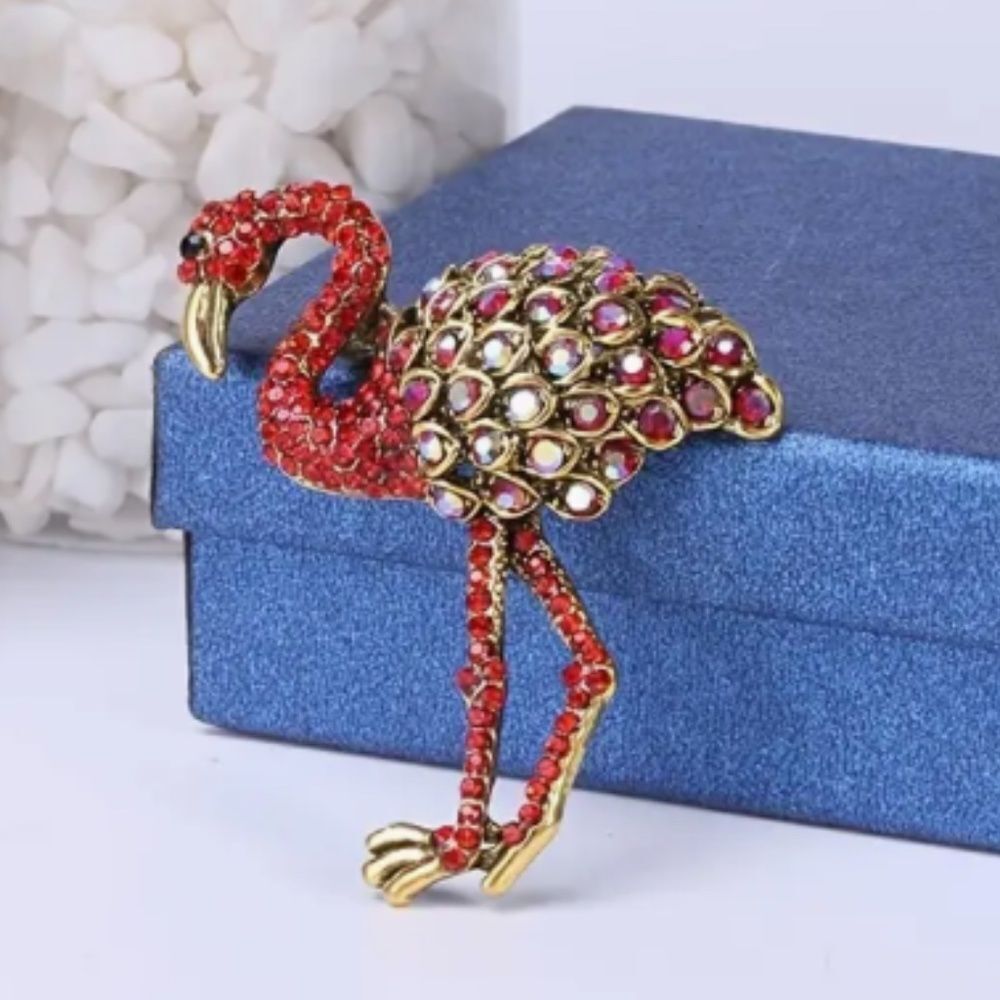 Red Rhinestone Pink Flamingo Brooch Lapel Pin Boho Beach Ocean New